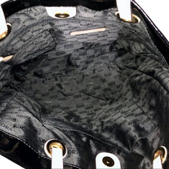 Michael Kors Black Leather Purse with Cream Leather Straps and Gold Buckles - Picture 6 of 14